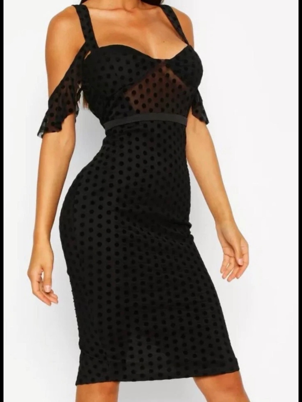 Boohoo Black Polka Dot Cold-Shoulder Midi Dress - 12